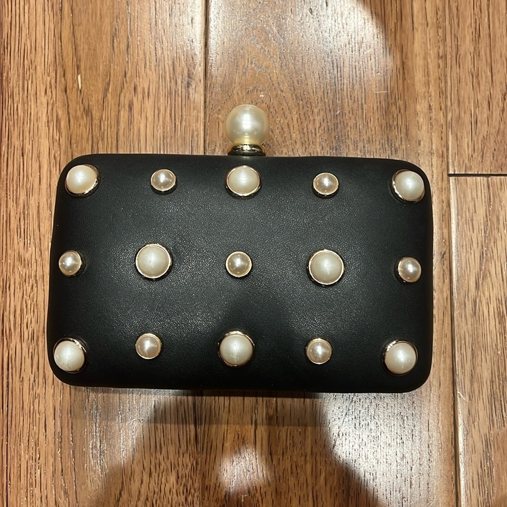 La Regale Black vegan leather with pearls clutch evening bag with gold strap